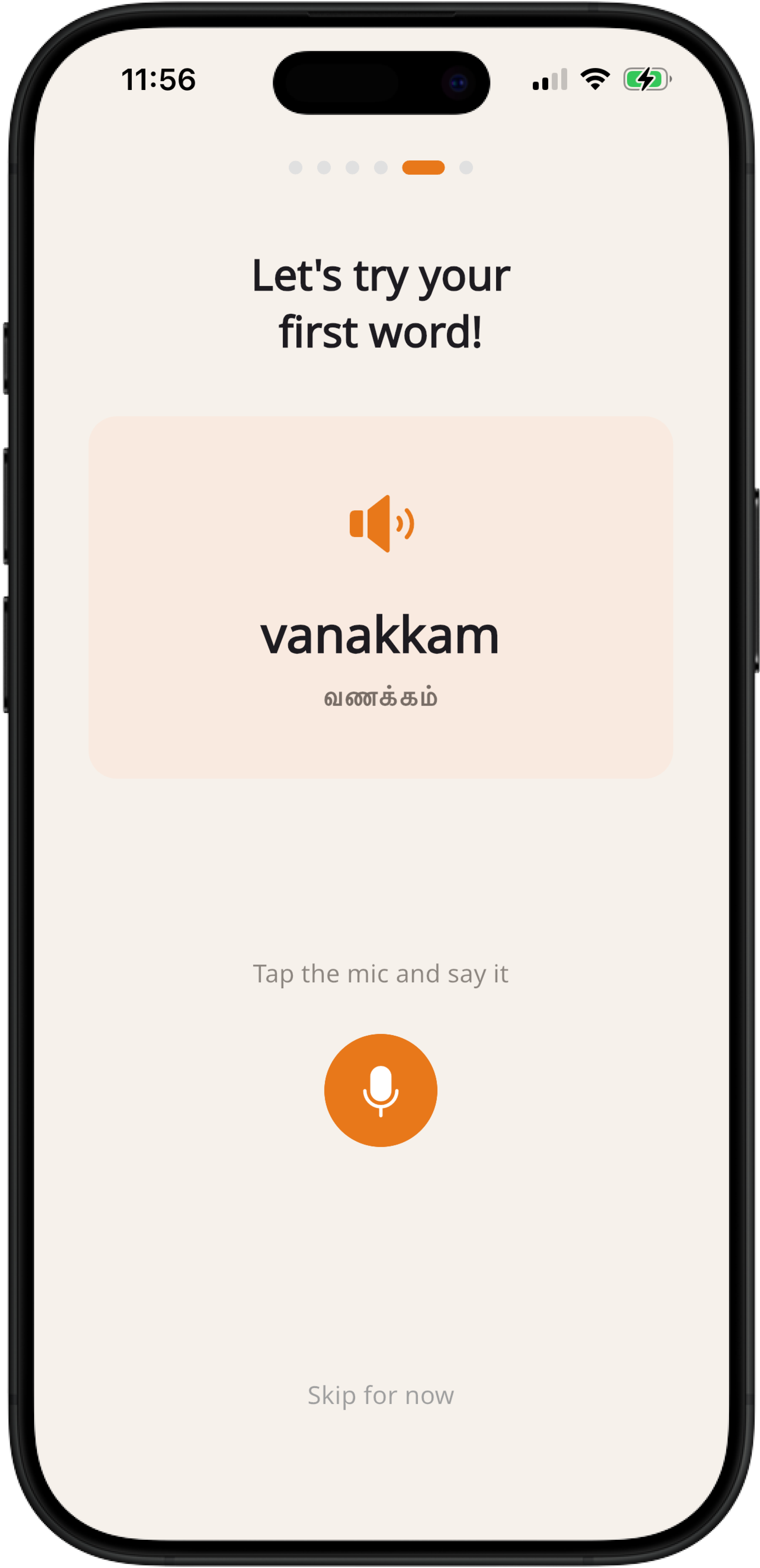 Learn Tamil app showing a conversational spoken Tamil lesson for English speakers